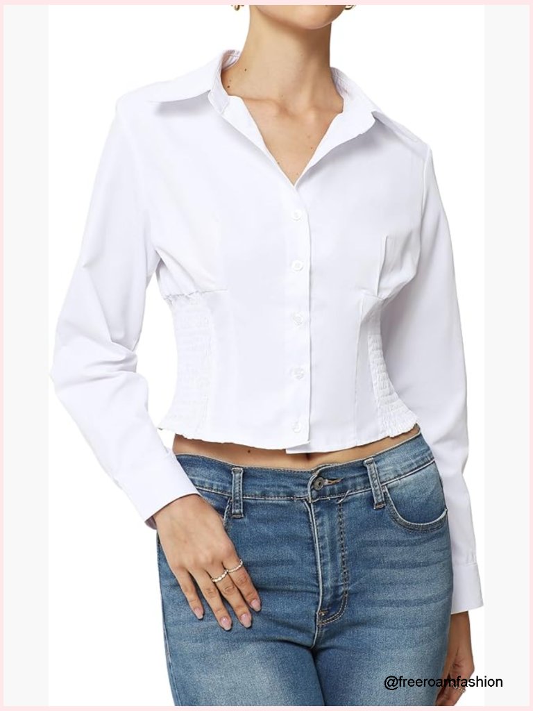 Corset Long Sleeve Top With Boning, Smocked Sides, Cropped